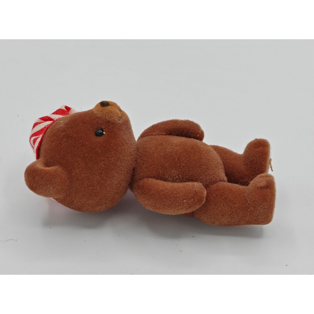 Vintage Brown Flocked Teddy Bear Miniature Figure with Red Striped Nightcap Hat